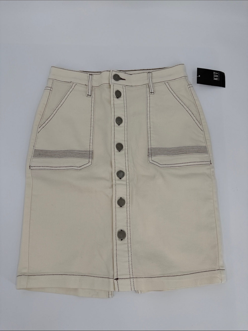 Kut from the Kloth Cream Button-Front Pencil Mini Skirt